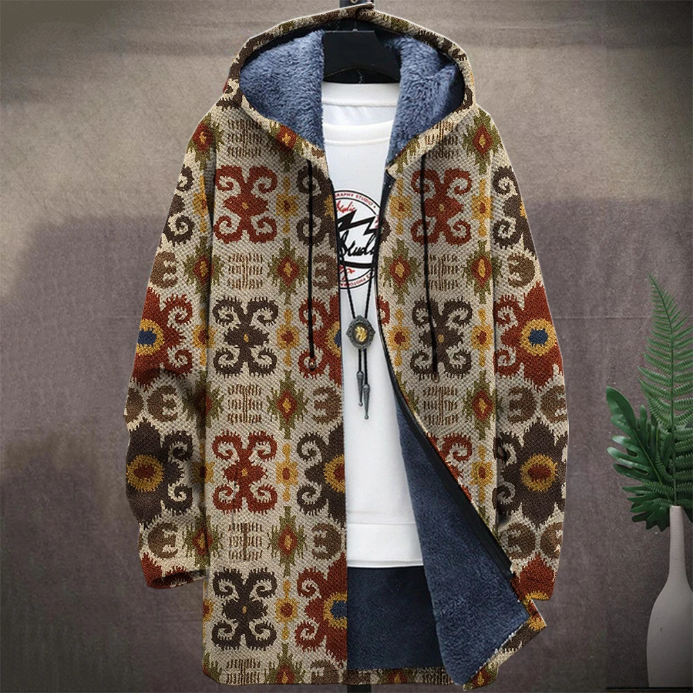 Mens original retro Aztec block graphic winter coat printed pattern knitted sweater cardigan woolen zipper hooded thick 241209