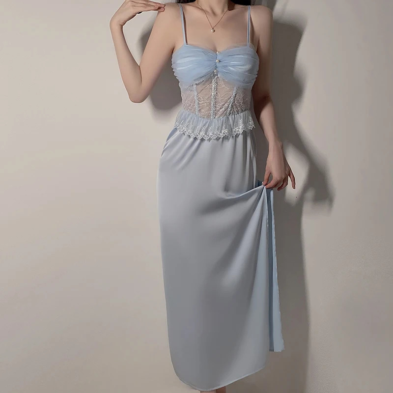 MECHCITIZ Womens Satin Nightgown Silk Sleeveless Pyjamas Nightdress V Neck Sexy Nightwear Lace Sleepwear Satin Lingerie 241209