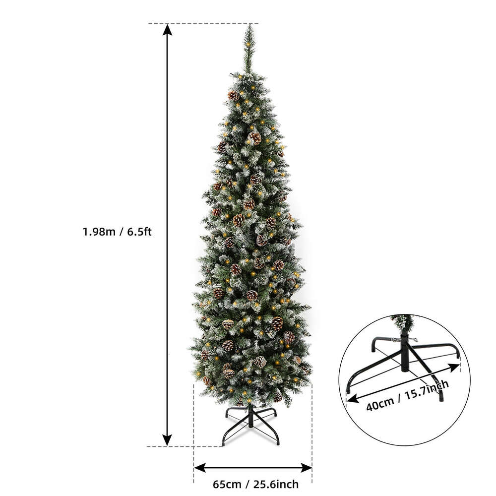 7.5 Ft Pre-Decorated Pencil Christmas Holiday Tree w Clear Pine cones 955 PVC cked Frosted Tips 400 LED Lights