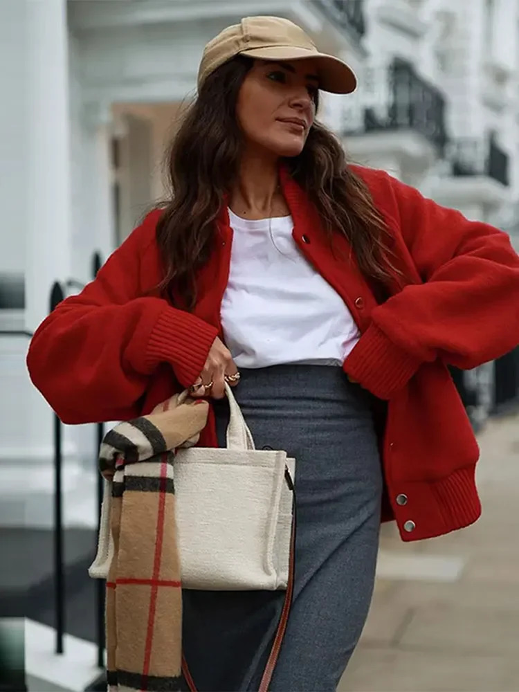 Casual Red Womens Coat Single Chest Long Sleeve O-Neck Pocket Womens Baseball Jacket Autumn Street Clothing Womens Coat 241206