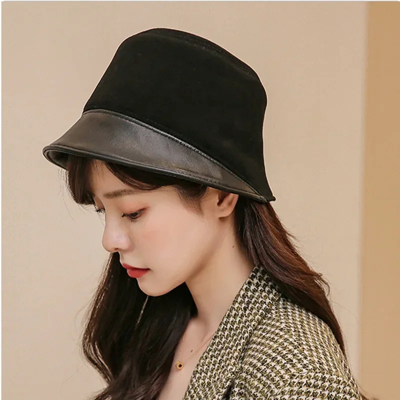 Korean niche retro leather womens bucket hat brown womens fisherman splicing Gorro womens cover street basin Ca 241205