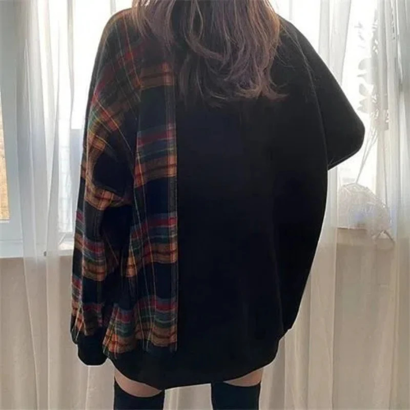Women Clothing Plaid Patchwork Loose Hoodies Sweatshirts Spring Autumn Long Sleeve Contrast Street Casual Tops Fashion Trend 241209