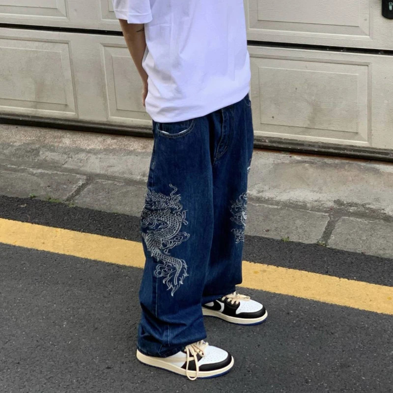 Gothic dragon pattern embroidery high waisted jeans for men y2k street bag jeans for men high street hip-hop casual jeans 241206