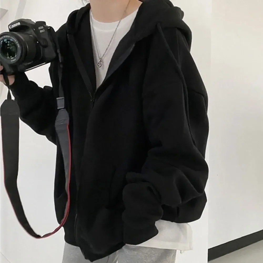 Womens solid hooded jacket Harajuku basic long sleeved spring and autumn loose zipper casual oversized sports shirt pocket jacket 241202