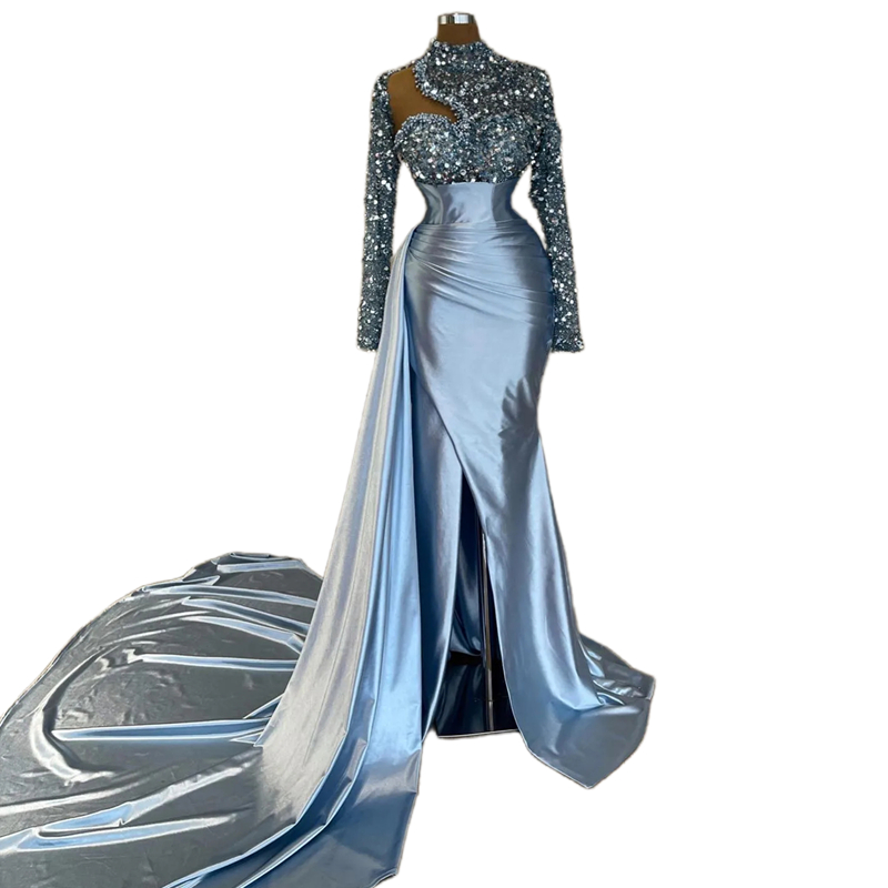Modern Crystals Sequin Beaded Long Prom Dresses With Detachable Train Front Split Satin Evening Gowns Full Sleeves Mermaid Special Occasion Dress For 