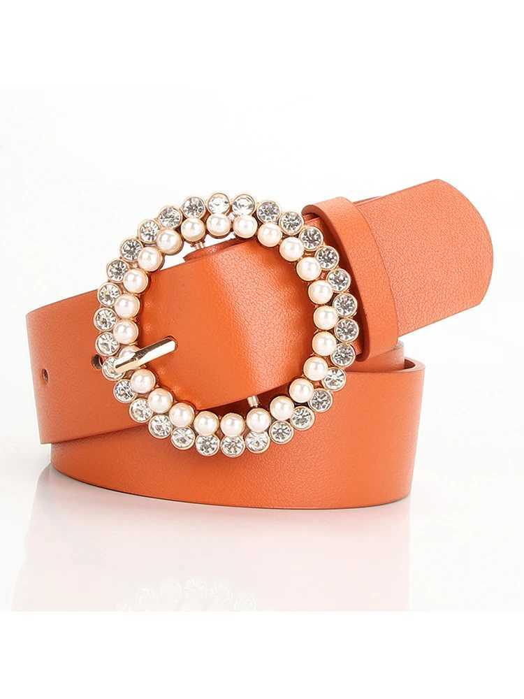 Summer jeans dress round pin buckle webbing casual womens leather PU pearl diamond decorative belt fashionable wide belt X241209