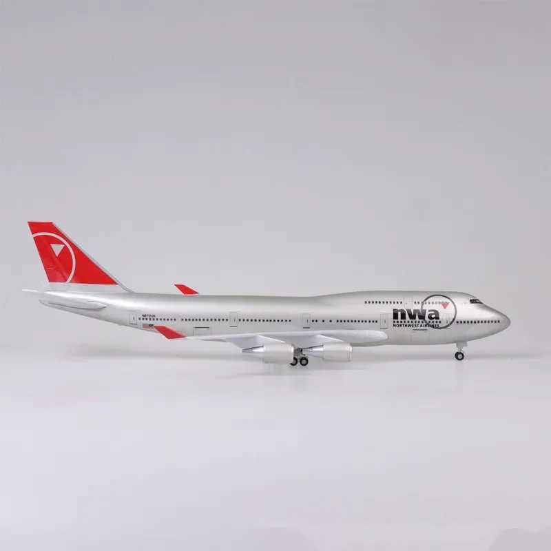 47CM 1 150 scale die-casting model Northwest Airlines Boeing 747 resin aircraft Airbus with lights and wheels toy collection display X241209