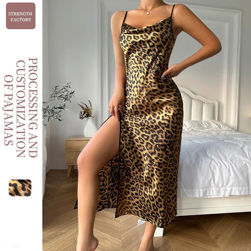 Sexy Leopard Backless Nightgown Summer Women Sleepwear Long Spaghetti Strap Nightdress High Split Home Dressing Gown Nightwear 241209
