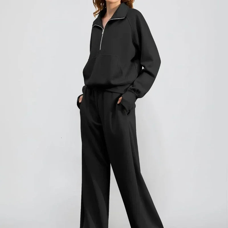 Womens 2-piece casual set oversized zipper sweatshirt wide leg sweatpants set sportswear 241205