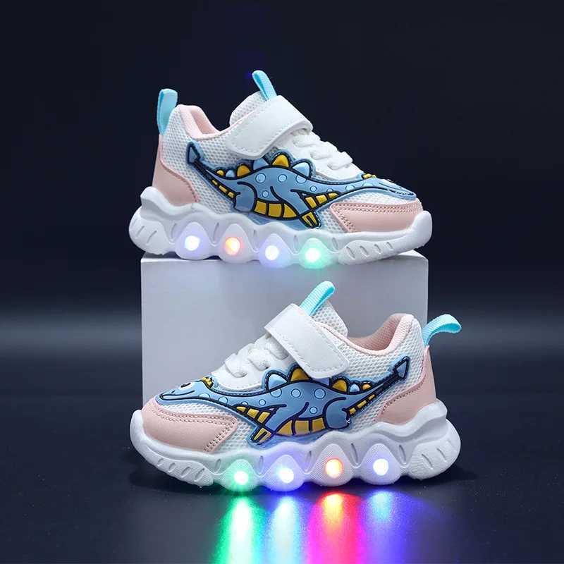 New glowing girls sports shoes cartoon dinosaur boys light shoes breathable mesh lights running sports shoes baby childrens casual shoes X2412091
