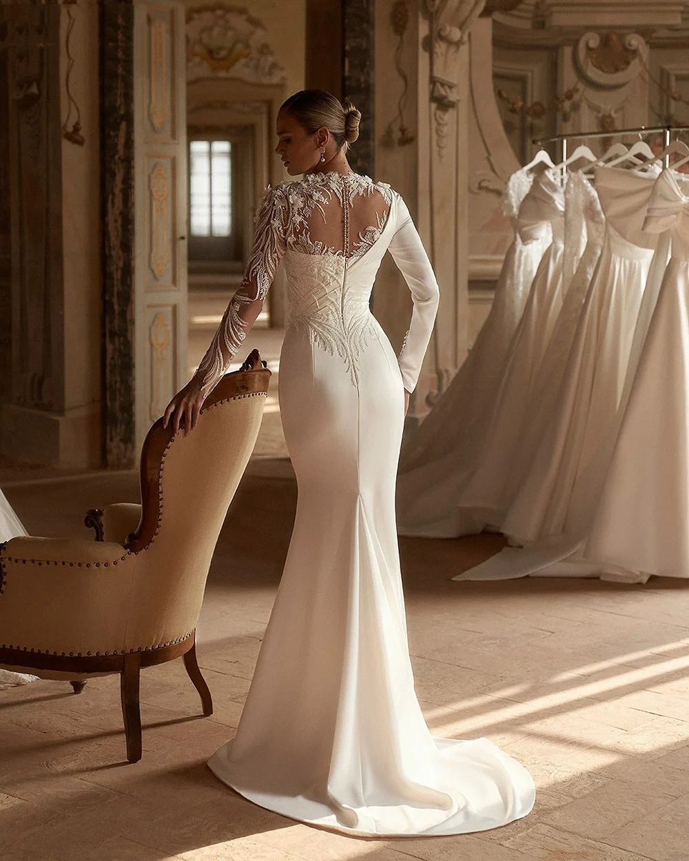 Elegant Mermaid Dresses Lace Appliques O-Neck Long Sleeves BOHO Detachable Train Wedding Bridal Gown Customized Vestidos De Novia