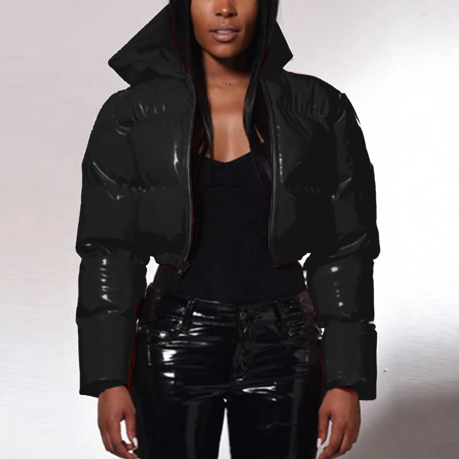 Womens autumn and winter warm short shiny padded hooded leather womens jacket with cover zipper OK 241209