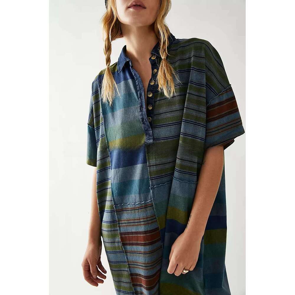 New European And American Women's Mid Sleeve Lapel Contrasting Striped Loose Casual Dress For Women B1