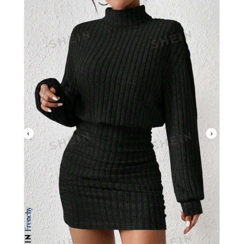 Women's 2024 autumn/winter slim fit fashionable pit stripe high neck hip hugging long sleeved dress