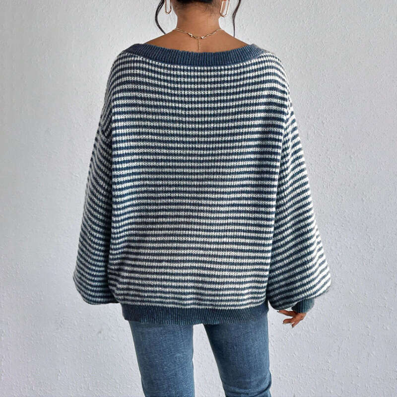 Temperament One Word Neck Spring and Autumn Sweater Stripe Contrast Set Knitted Top for Women