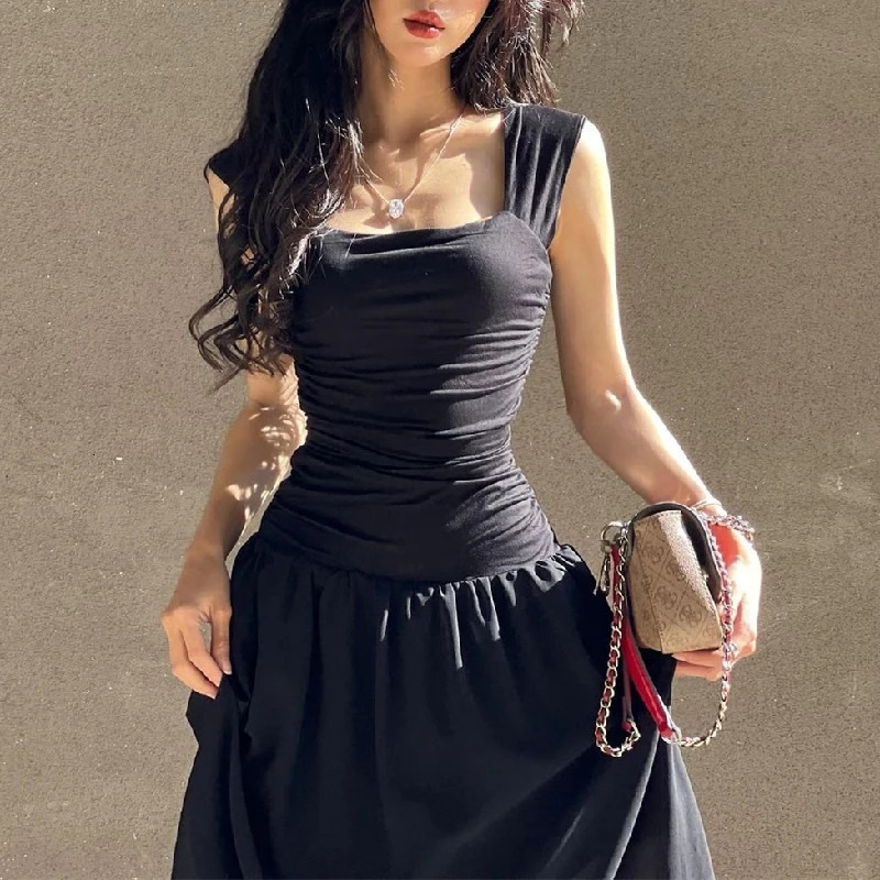 WhereMery Women Summer Party Long Dress Sexy Ruched Bodycon Black Maxi Dresses 2024 Elegant Temperament High-waist Vestidos 241209
