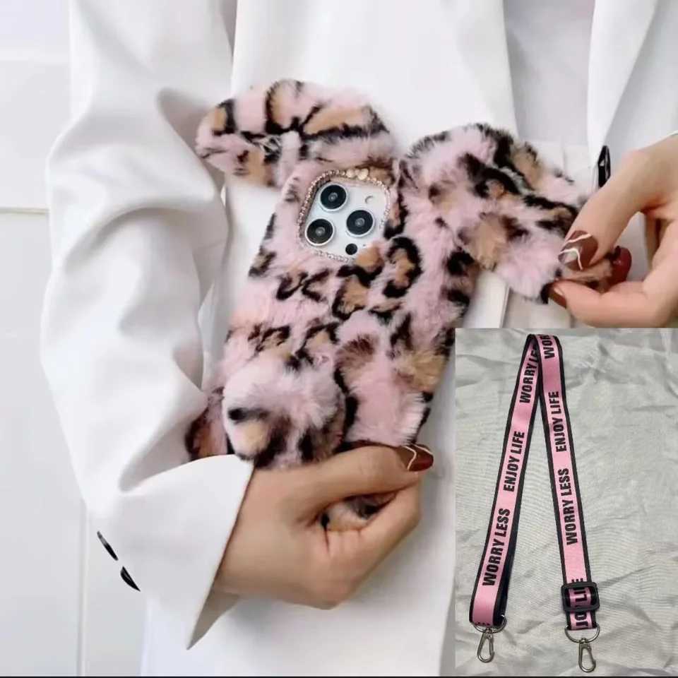 Hot Sale Warm Winter Leopard Printed Rabbit Plush Soft Case iPhone Case 16 15 14 13 12 11 Pro XR XS Max 7 8 Plus Soft Phone Y2K Cover T241209