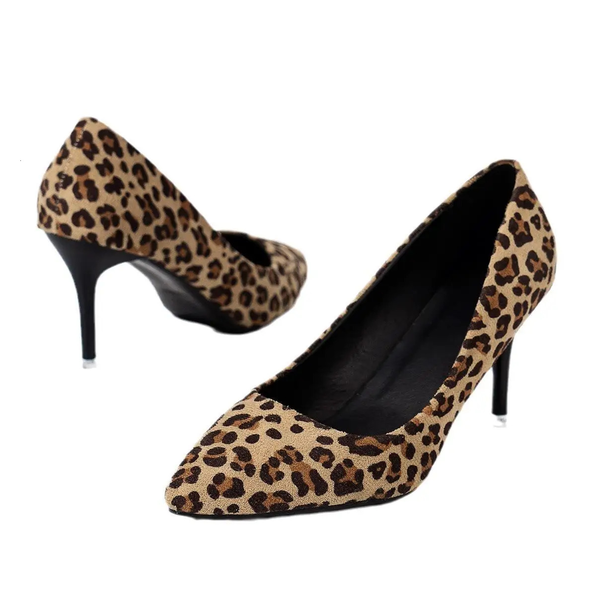 Big Size 35-41 Women High Heels Pumps Autumn Flock Leopard Print Pointed Toe Elegant Office Ladies Sexy Party Shoes Stiletto 241209
