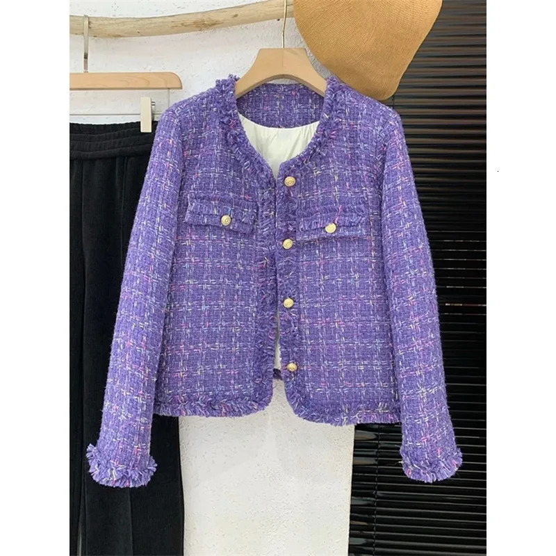 Small perfume tweed jacket Womens spring and autumn elegant cut O collar coat Purple casual tweed wool coat Womens top 241206