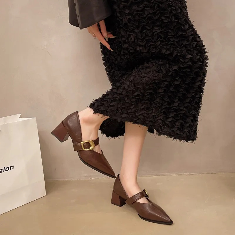Retro Womens High-Heeled Shoes Fashion Mid Heel Pointed Toe Party Pumps Women Soft Leather Mary Jane Shoes Size 35-41 241209