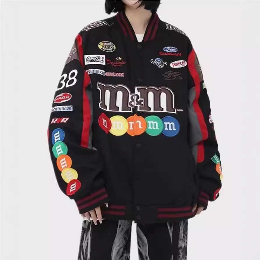 Men's Jackets Embroidered Patchwork Baseball Jacket Men's And Women's Hip Hop Loose Motorcycle Racing Jacket T241209