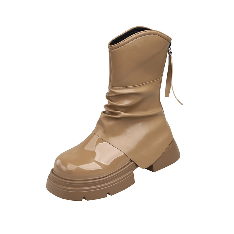 Women Boots:Patent Leather Popular Short Boots 2024 Winter Warm High-end Design Thick Sole Increase Height Retro Style,Black/White/Khaki,Free shipping