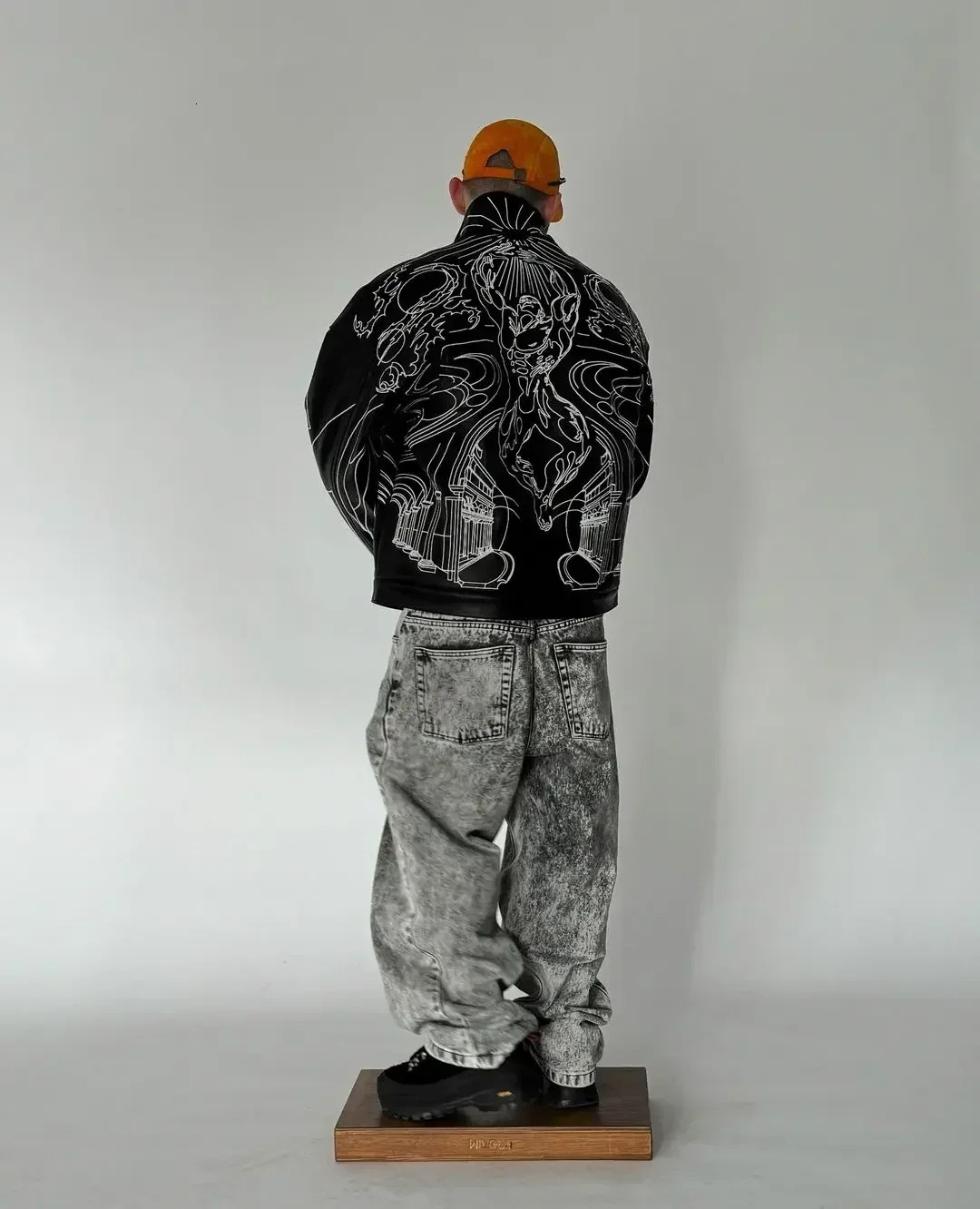 Gothic retro fashion black leather jacket oversized line pattern mens Y2K Harajuku punk long sleeved zipper clothing 241209