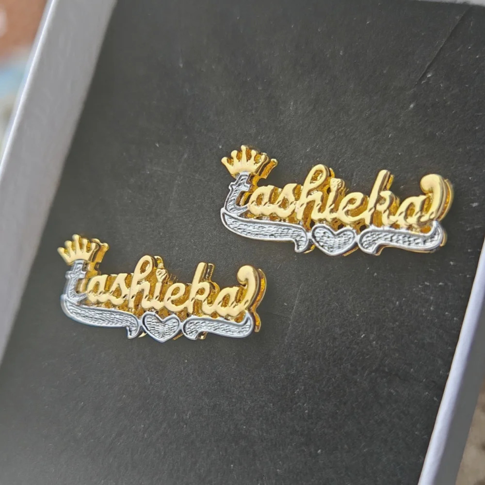 LeeChee Crown Double Layer Custom Name Earstuds Two Tone 3D Nameplate Earrings Jewelry For Women Men Gift 241209