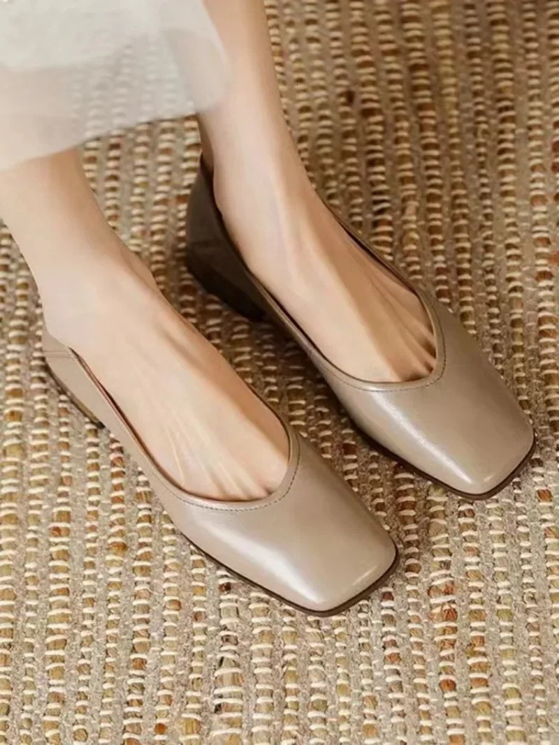 Shallow Women Low Heels Shoes Trend Elegant Square Toe Pumps Chunky Leather Mature Office Dress Zapatillas Mujer 241209