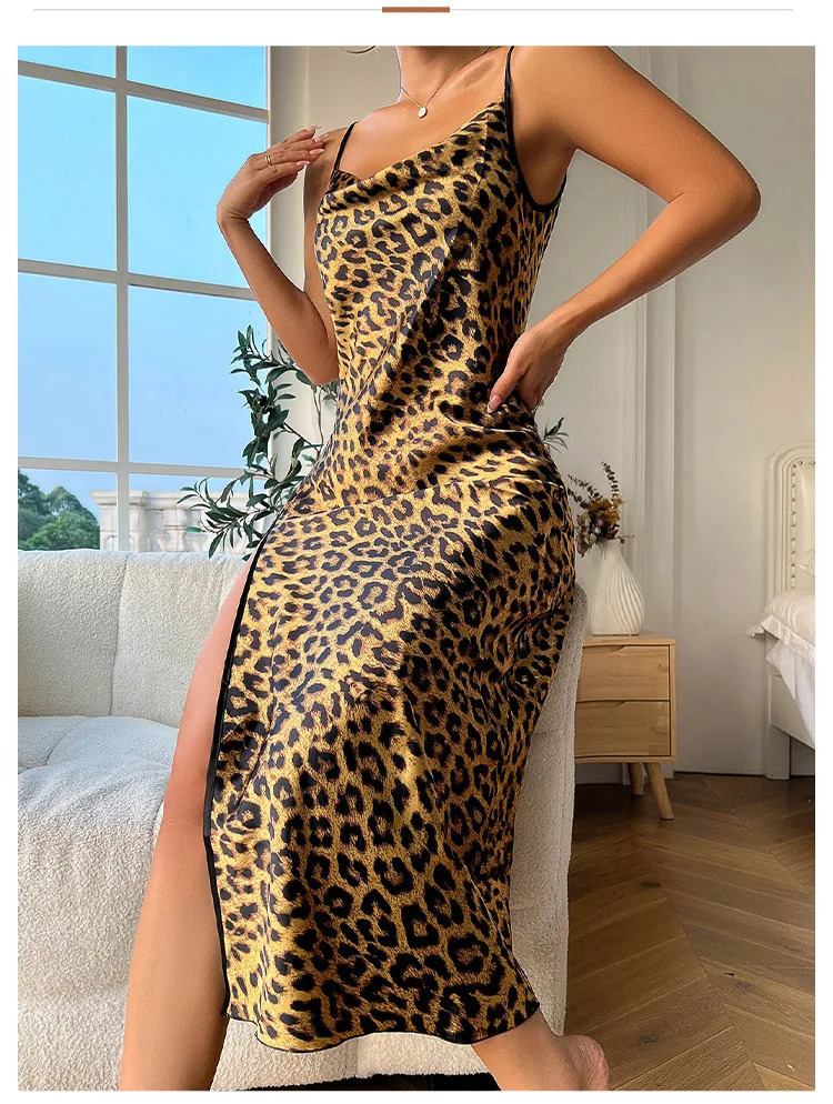 Sexy Leopard Backless Nightgown Summer Women Sleepwear Long Spaghetti Strap Nightdress High Split Home Dressing Gown Nightwear 241209