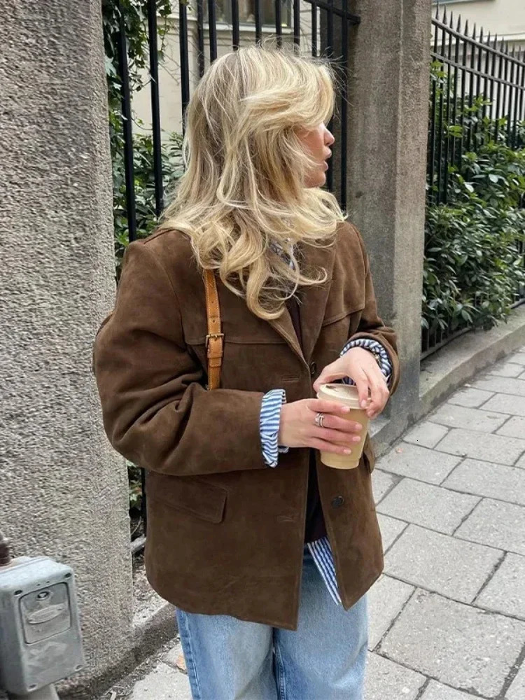 Brown Lapel Pocket Suede Leather Jacket for Woman Single Button Long Sleeve Vintage Blazer Coat 2024 Lady Autumn Street Outwear 241209