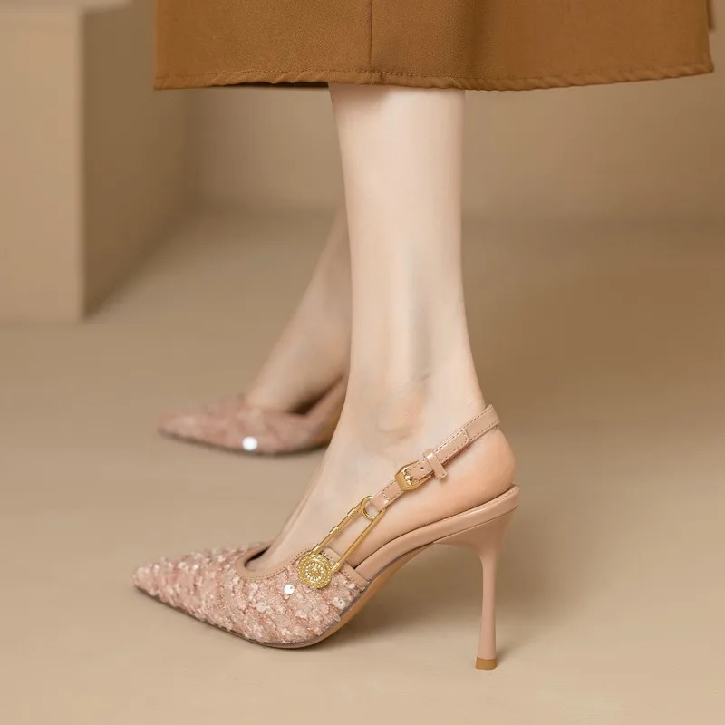 Pointed-toe Stiletto Heels Womens Sequins Cloth Spring and Summer Straight Buckle Banquet Shoes Single Shoes 241209