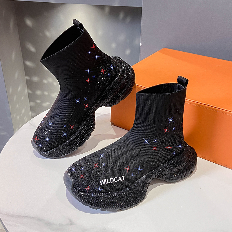 Designer Full Diamond Ankle Boots Women's Shiny Diamond High Quality Modern Boots Luxury Knitted Stretch Boots Thick soled High Heels Comfortable