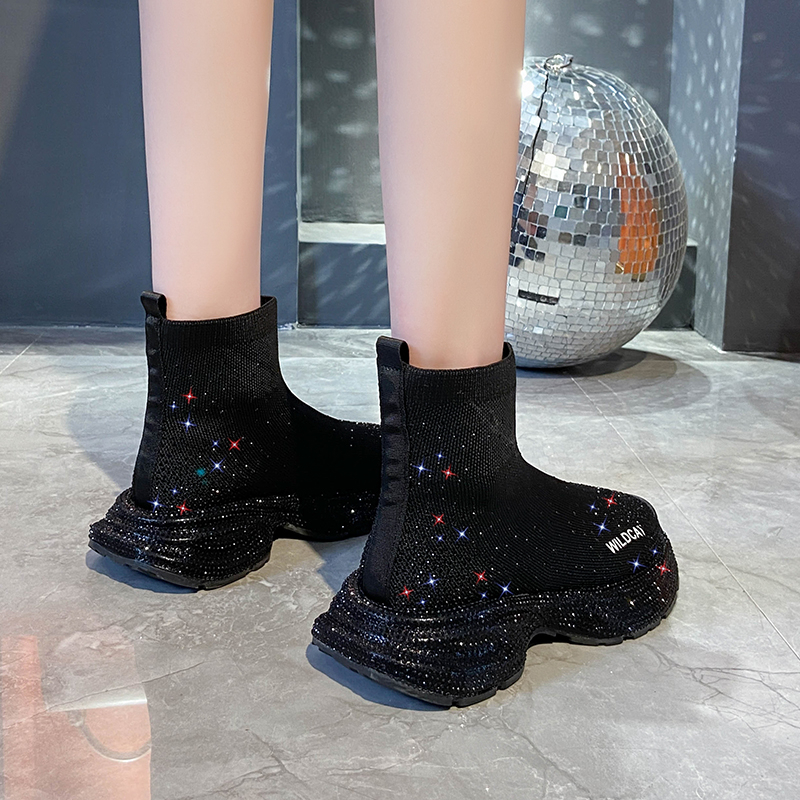 Designer Full Diamond Ankle Boots Women's Shiny Diamond High Quality Modern Boots Luxury Knitted Stretch Boots Thick soled High Heels Comfortable