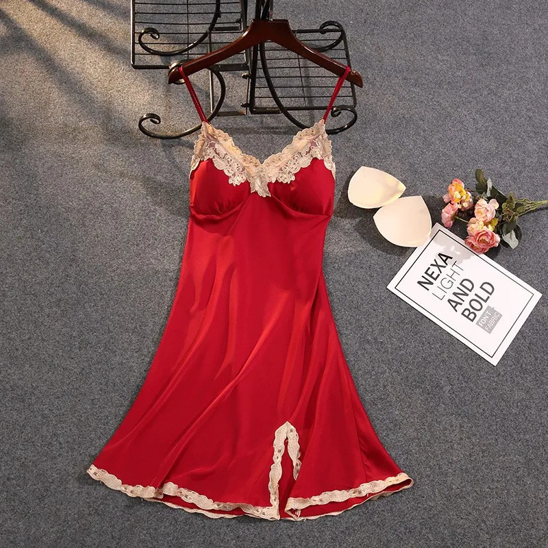 Satin Suspender Skirt Sleepwear Women Nightdress Silky Lace Nightwear Intimate Lingerie Sexy Nightgown Casual Home Dressing Gown 241209