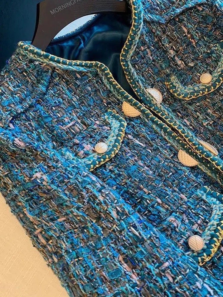 UCXQ Fashion Short Jacket Korean Style O-neck Contrastive Color Checkered Womens Coarse Floral Elegant Womens Jacket Spring/Summer 2123 241206