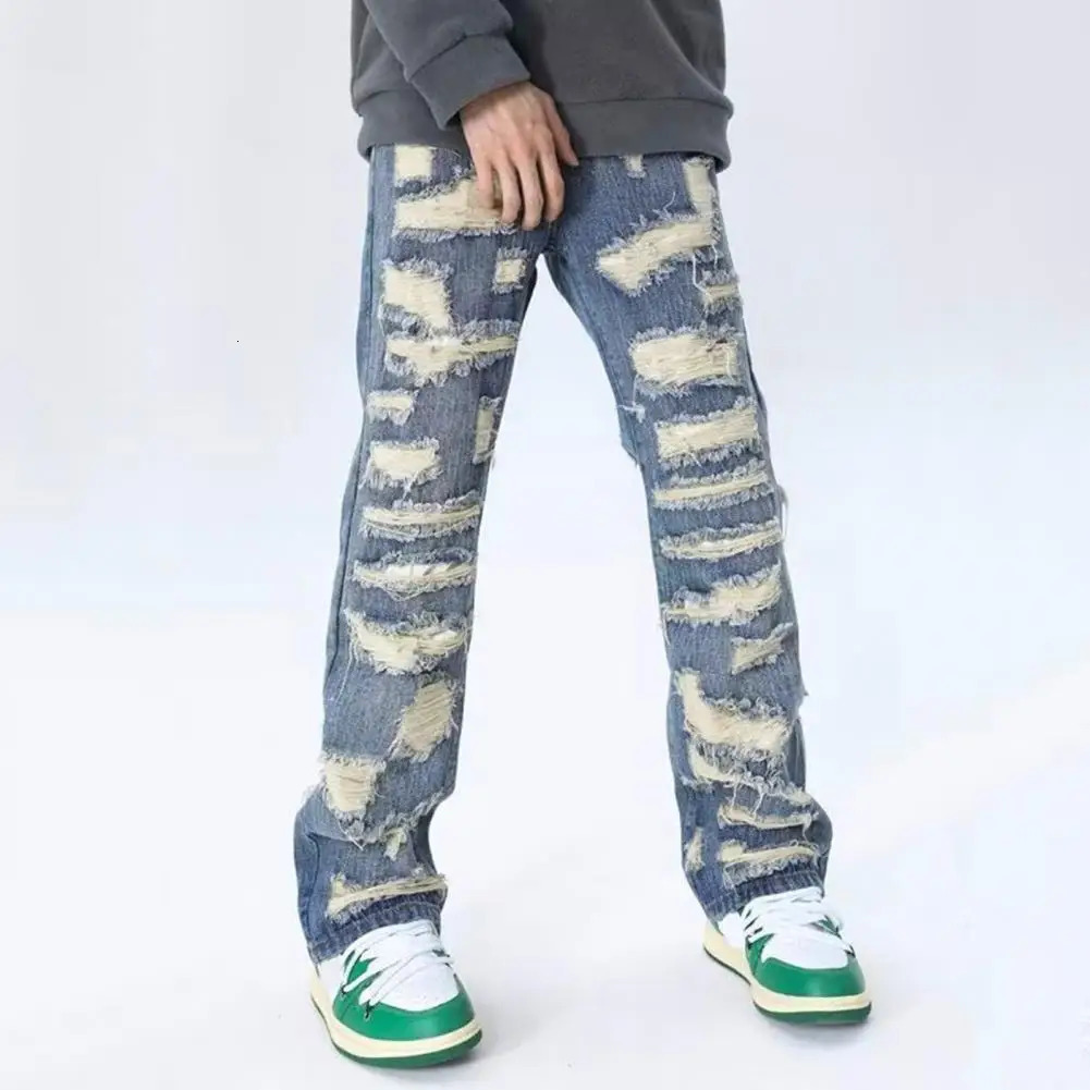 Street style jeans denim mens jeans retro Distressed mens denim jeans deep pockets high street style straight legs 241206