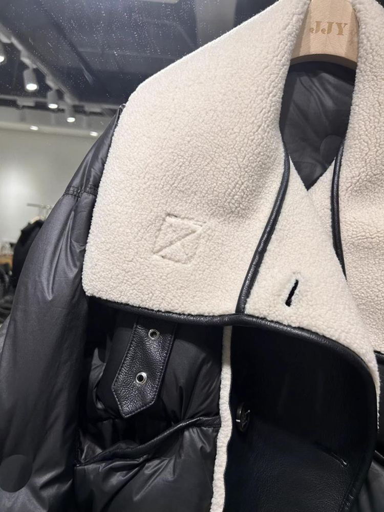 Winter Patchwork PU Leather Loose Parkas Lapel Women's Jackets White Duck Down Casual Coat Female Puffer Jacket