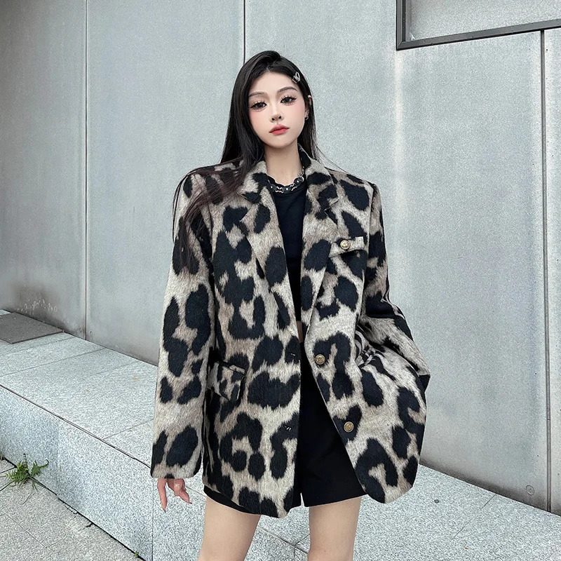 Leopard Print Coat Women Autumn Winter Korean Style Niche Loose Suit Jacket Casual Vintage Temperament Blazer 241209