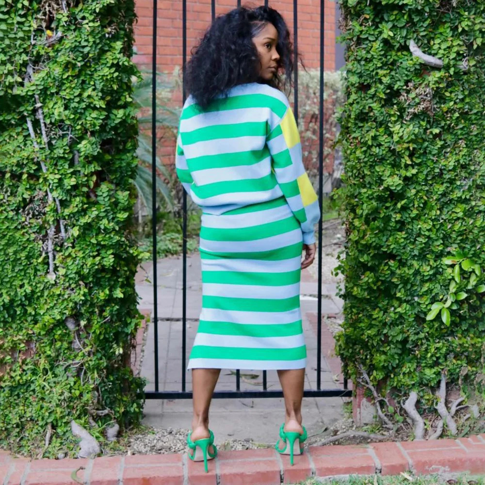 2025 Womens Long Sleeve Striped In Dress Sets Spring Autumn Fashion 2 Piece Set Outfit Skirts Suit Casual 241202