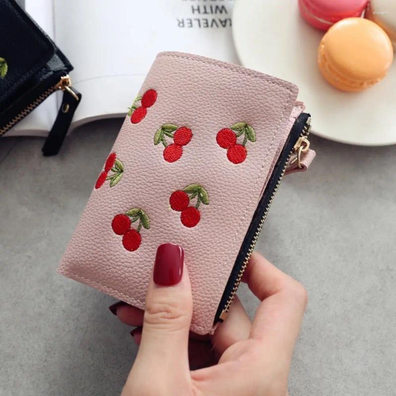 Free Shipping Wallets PU Leather Retro Cherry Korean Style Portable Short Clutch Bag Multifunctional Coin Purse Zipper Change Women Designer Bag Luxur