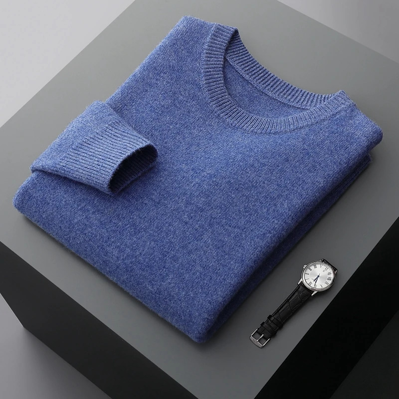 Mens wool sweater autumn and winter round neck loose solid color thick bottom sweater 241205