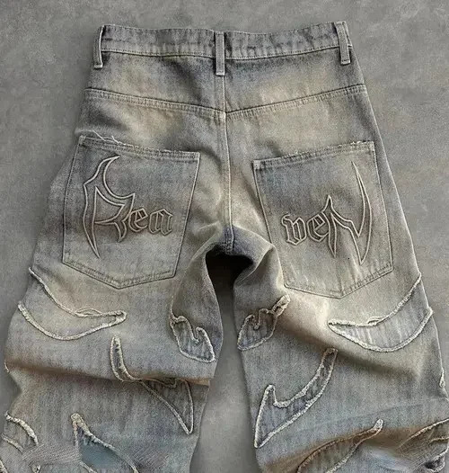 Y2k Men Baggy Jean Hip Hop Retro Harajuku Light Distressed Pants Oversized Embroidered Gothic Wide Leg Streetwear 241206