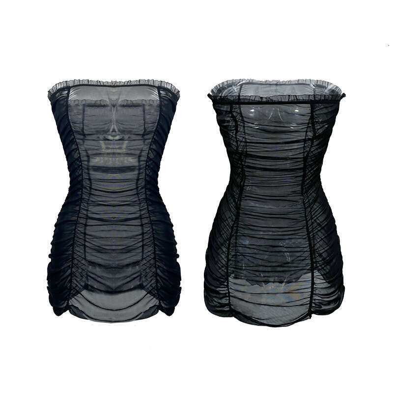 Feiyun mesh sexy strapless nightclub pleated hip hugging dress 437 2024 new style temperament chic elegant clothing