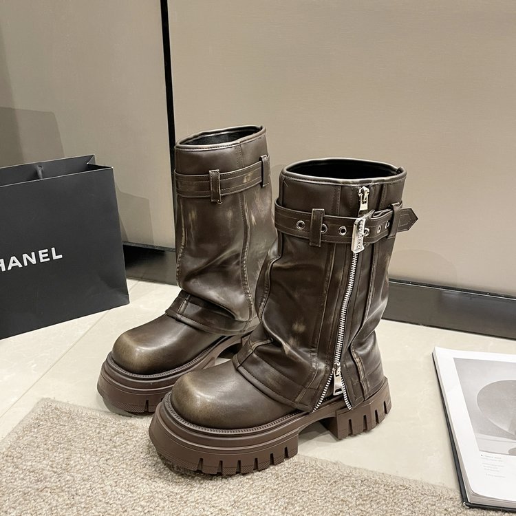2025 New Autumn Winter Heel Platform Mid Calf Women Fashion Ladies Side Zippers Knight Boots Women's Thick Bottom Shoes