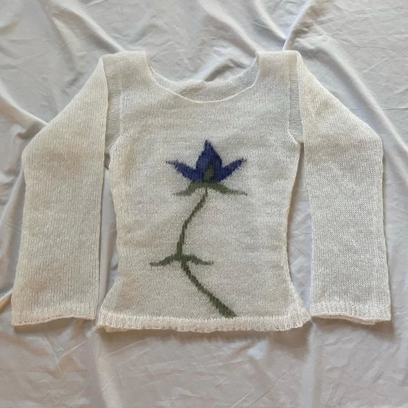 Vintage Y2K Knitted Sweater Flower Aesthetics Graphic Print Pullover Tops Long Sleeve Slim 2000s Harajuku Top Streetwear 241203