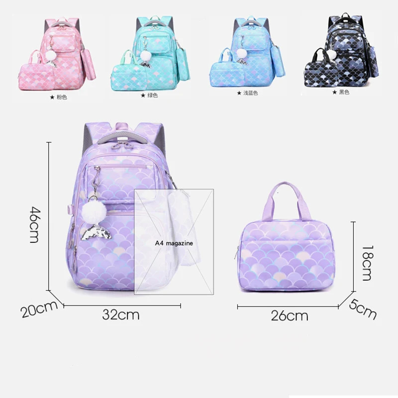 3 pieces/set of fish scale printed rens backpack with mermaid pendant waterproof school bag for girls rens backpack 241206