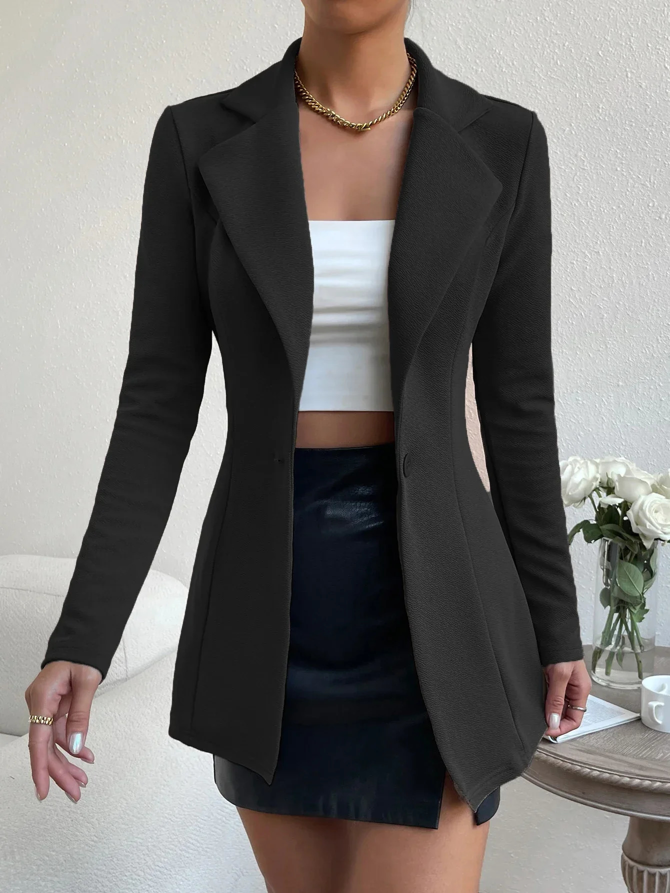 Solid Button Front Blazer Elegant Long Sleeve Slim Blazer For Office Work Womens Clothing 241209