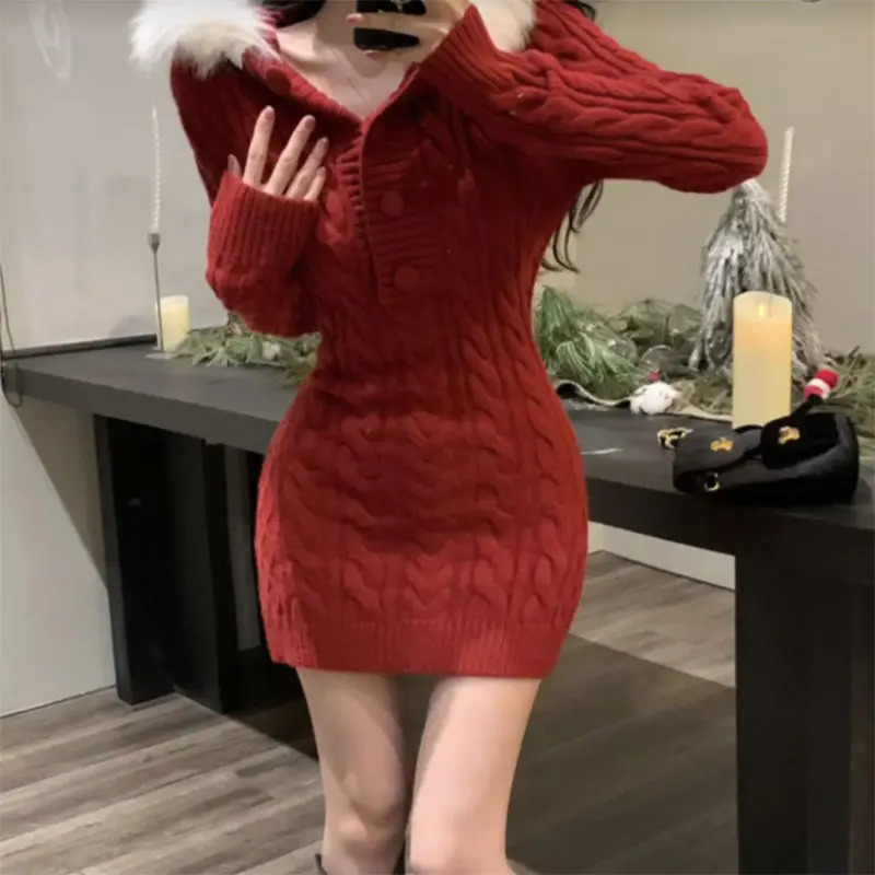 Winter Christmas Fashion Waist Weight Loss Long Sleeve Hoodie Knitted Red Dress Spicy Sexy Wrap Hip Mini Womens Wear 241206