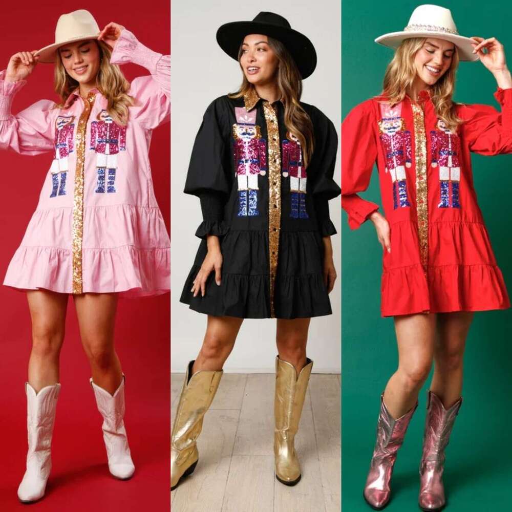 Autumn Winter New European And American Skirt Contrasting Long Sleeved Lapel Christmas Sequin Dress For Women